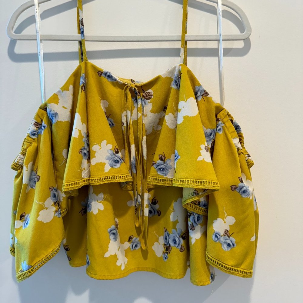 J.O.A Yellow Floral Cold Shoulder Tie Neck Top